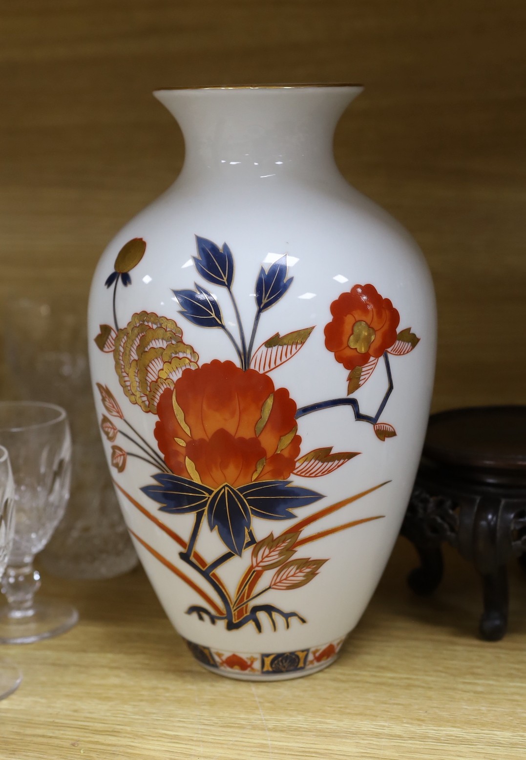 A late 19th century Chinese famille rose lamp (cut down) and other Chinese and Japanese ceramics and miscellaneous items